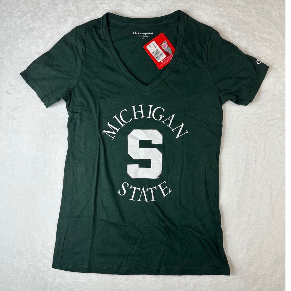 Women's Champion Michigan State Spartans V-Neck T-Shirt Green Small NWT